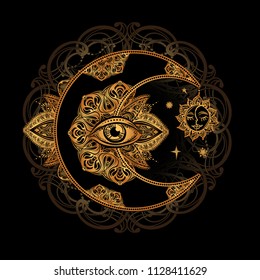 Boho chic tattoo design. Golden crescent moon and sun with elements of the mandala - astrology, alchemy and magic symbol. Isolated vector illustration.