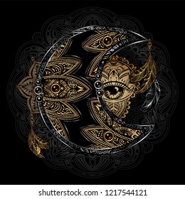 Boho chic tattoo design. Golden crescent moon and sun with elements of the mandala - astrology, alchemy and magic symbol. Isolated vector illustration.