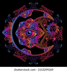 Boho chic tattoo design. Golden crescent moon and sun with elements of the mandala - astrology, alchemy and magic symbol. Isolated vector illustration.