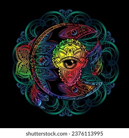 Boho chic tattoo design. Golden crescent moon and sun with elements of the mandala - astrology, alchemy and magic symbol.
