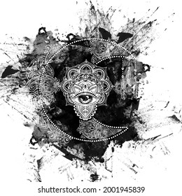 Diseño de tatuajes elegantes. Trazar acuarela. Luna de media luna y sol con elementos de la mandala - astrología, alquimia y símbolo mágico. Ilustración vectorial aislada.