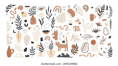 boho chic tropical hand drawn abstract illustrations and clipart elements for graphic design. plants snakes, shapes and nature doodles in simple terracotta style. trendy contemporary art graphics