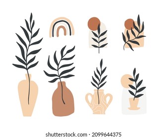 boho chic tropical hand drawn abstract illustrations and clipart elements for graphic design. plants snakes, shapes and nature doodles in simple terracotta style. trendy contemporary art graphics