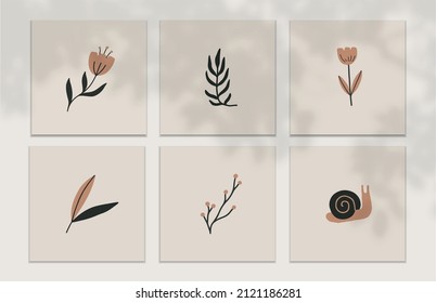 boho chic tropical hand drawn abstract illustrations and clipart elements for graphic design. plants snakes, shapes and nature doodles in simple terracotta style. trendy contemporary art graphics