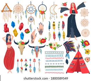 Boho chic vector illustration set. Cartoon flat bohemian indian ethnic collection of hippie girl in boho dress, headdress from feathers, tribal flower skull decoration, dreamcatcher isolated on white