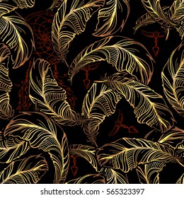 Boho chic - vector seamless pattern handmade. Tribal Indian ethnic background texture and ornament. Hippie, Gypsy. Golden feather and Dreamcatcher on a black background.