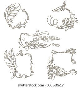 boho chick handdrawn elements, doodle style for coloring books