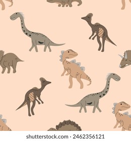 Boho childish seamless pattern. Baby fabric pattern design with dino cartoon drawing as vector