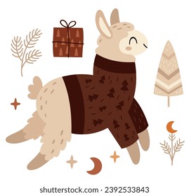 Boho Christmas llama clipart in cartoon flat style. Cute winter alpaca clip art. Vector illustration.