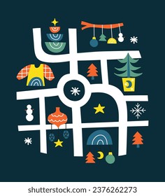Boho Christmas map with sweater, toys, fir tree, moon and stars. Ready postcard template. Scandinavian winter illustration.
