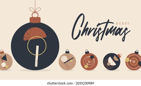 boho Christmas and New Year ball greeting card. retro Bohemian greeting cards Vector illustration with hanging christmas bauble in flat cartoon style. Sale or discount banner with xmas ball