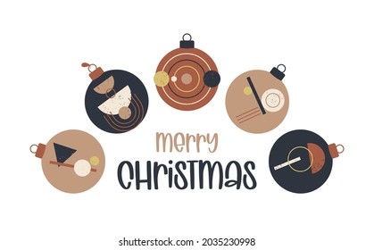 boho Christmas and New Year ball greeting card. retro Bohemian greeting cards Vector illustration with hanging christmas bauble in flat cartoon style. Sale or discount banner with xmas ball