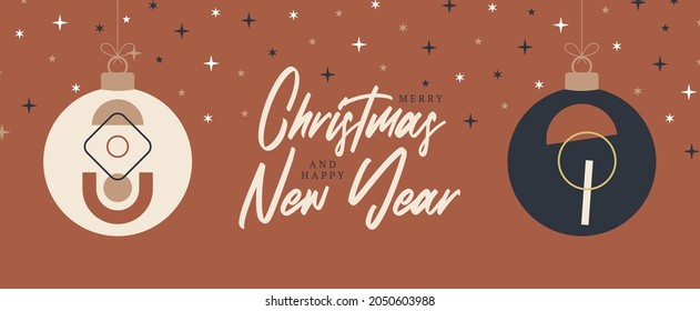 boho Christmas and New Year ball greeting card. retro Bohemian greeting cards Vector illustration with hanging christmas bauble in flat cartoon style. Sale or discount banner with xmas ball
