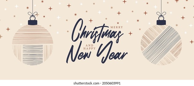 boho Christmas and New Year ball greeting card. retro Bohemian greeting cards Vector illustration with hanging christmas bauble in flat cartoon style. Sale or discount banner with xmas ball