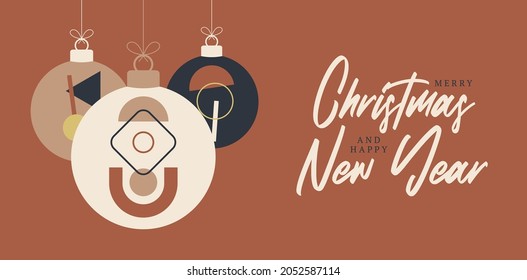 boho Christmas and New Year ball greeting card. retro Bohemian greeting cards Vector illustration with hanging christmas bauble in flat cartoon style. Sale or discount banner with xmas ball