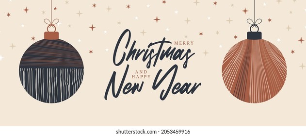 boho Christmas and New Year ball greeting card. retro Bohemian greeting cards Vector illustration with hanging christmas bauble in flat cartoon style. Sale or discount banner with xmas ball