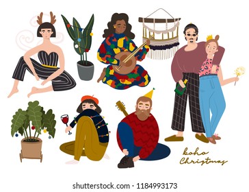 Boho Christmas party. Colored vector set. All elements are isolated