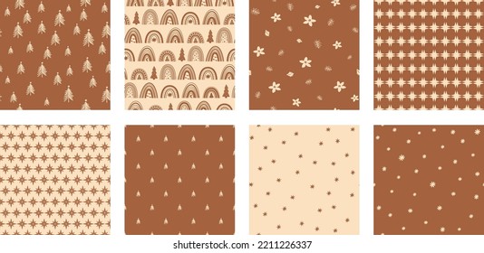 Boho Christmas pattern set. Boho Christmas tree, stars, rainbows, snowflakes seamless pattern. Scandinavian stars Christmas background collection. Hand drawing boho vector illustration Wrapping paper