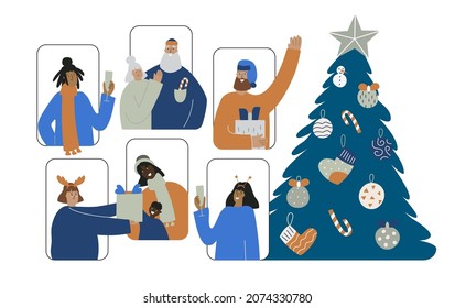 Boho Christmas remote party with friends. New year digital video call. Xmas tree, people celebrating, drinking wine. Family, friends celebrate together using smartphone. Mobile virtual december eve.