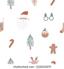 Boho Christmas seamless pattern with Christmas decor elements in flat style