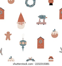 Boho Navidad patrón sin fisuras con elementos de decoración navideña de estilo plano