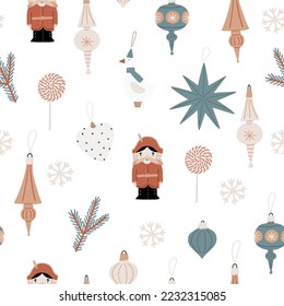 Boho Christmas seamless pattern with Christmas decor elements in flat style