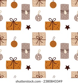 Boho Christmas Seamless patrón con regalos de Navidad, juguetes de árbol de Navidad y estrellas. Fondo de Navidad	
