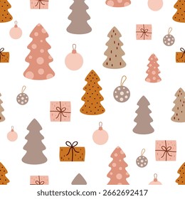 Boho Weihnachten nahtloses Muster mit Weihnachtsbäumen, Geschenken und Ornamenten. Modernes Neues Jahr, Vektorhintergrund