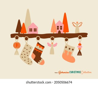 Boho Christmas stockings hanging shelf and houses  fir trees   angels   Bohemian Christmas socks  Great symbol for Christmas cards  posters  stickers  wall art  Flat cartoon simple style  