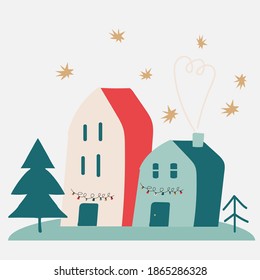 Boho Christmas style card with tiny houses, minimalistic style elements, trendy colors. 