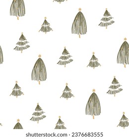 Boho Christmas tree seamless pattern. Hand drawn green fur tree shapes on white repeat background. Winter forest rustic vector print, wrapping paper, fabric, textile. Simple winter holiday wallpaper.