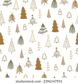 Boho Christmas tree seamless pattern with cute rustic fir trees. Vector repeat background, textile design, New Year wrap paper, fabric, packaging, wallpaper. Hand drawn winter forest illustration.