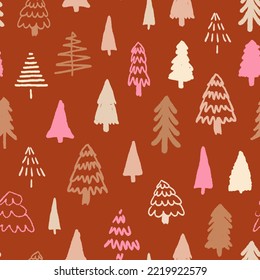 Boho Christmas Tree Seamless Repeat Pattern. Hand Drawn, Doodled Vector Fir Forest All Over Surface Print In Earthy Tones.