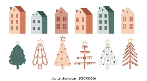 Boho Christmas trees and houses hand drawn in Scandinavian style vector illustration.