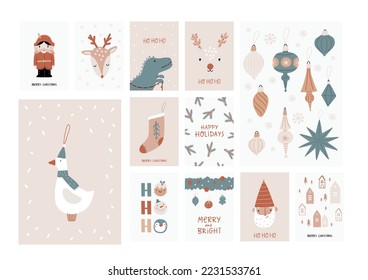 Boho Christmas vector posters with Christmas decor elements in flat style