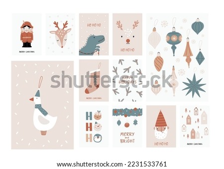 Boho Christmas vector posters with Christmas decor elements in flat style
