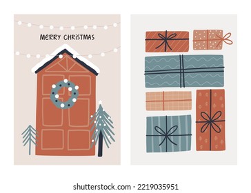 Boho Christmas vector print with Christmas decor elements in flat style