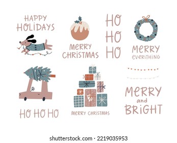 Boho Christmas vector print with Christmas decor elements in flat style