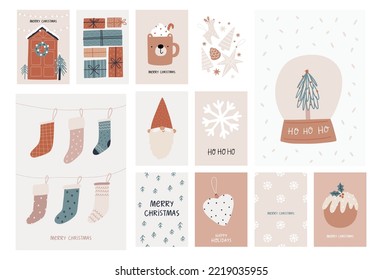 Boho Christmas vector print with Christmas decor elements in flat style