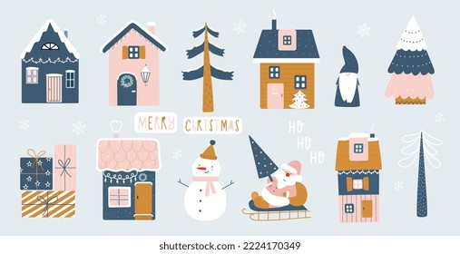 Impresión vectorial de Navidad Boho con elementos decorativos de Navidad en estilo plano