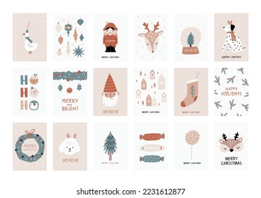 Boho Christmas vector print with Christmas decor elements in flat style