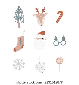 Boho Christmas vector print with Christmas decor elements in flat style
