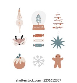 Impresión vectorial de Navidad Boho con elementos decorativos de Navidad en estilo plano