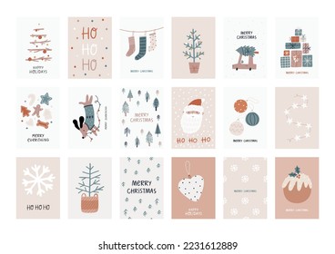 Boho Christmas vector print with Christmas decor elements in flat style