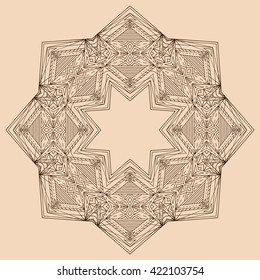 Boho circular pattern of lines. Vector doodle element for your creativity. Linear Mandala print on T-shirts, postcards.