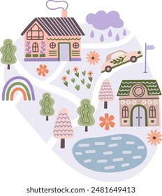 Ilustración vectorial de mapa de Boho City. Paisaje de pueblo de dibujos animados