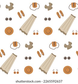 Boho clothes, bag and sandals, glasses, skirt and tank top, hat, seamless pattern, vector. Bag and sandals, glasses, skirt and T-shirt, hat on a white background.