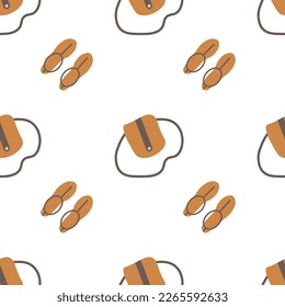 Boho clothes, bag and sandals, seamless pattern, vector. Bag and sandals on a white background.