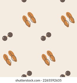 Boho clothes, glasses and sandals, seamless pattern, vector. Glasses and sandals on a beige background.