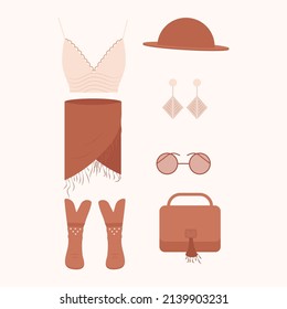 Boho clothing set. Boho style fashion outfit. Fashionable clothes
